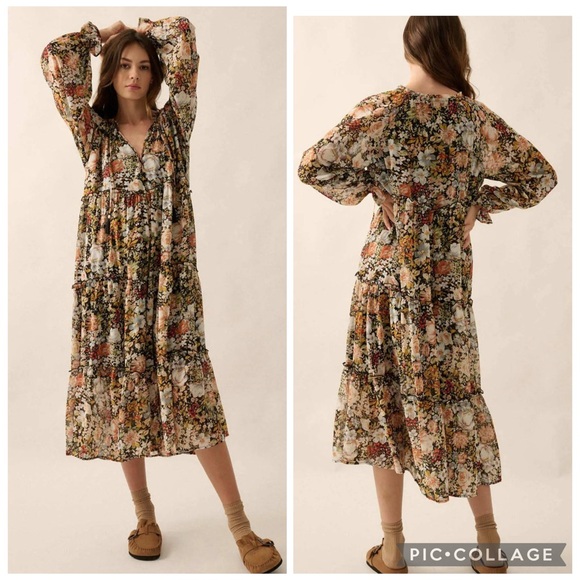 Promesa Dresses & Skirts - Promesa Blooming Harvest Tiered Black Mult Floral Midi Prairie Dress Size Small